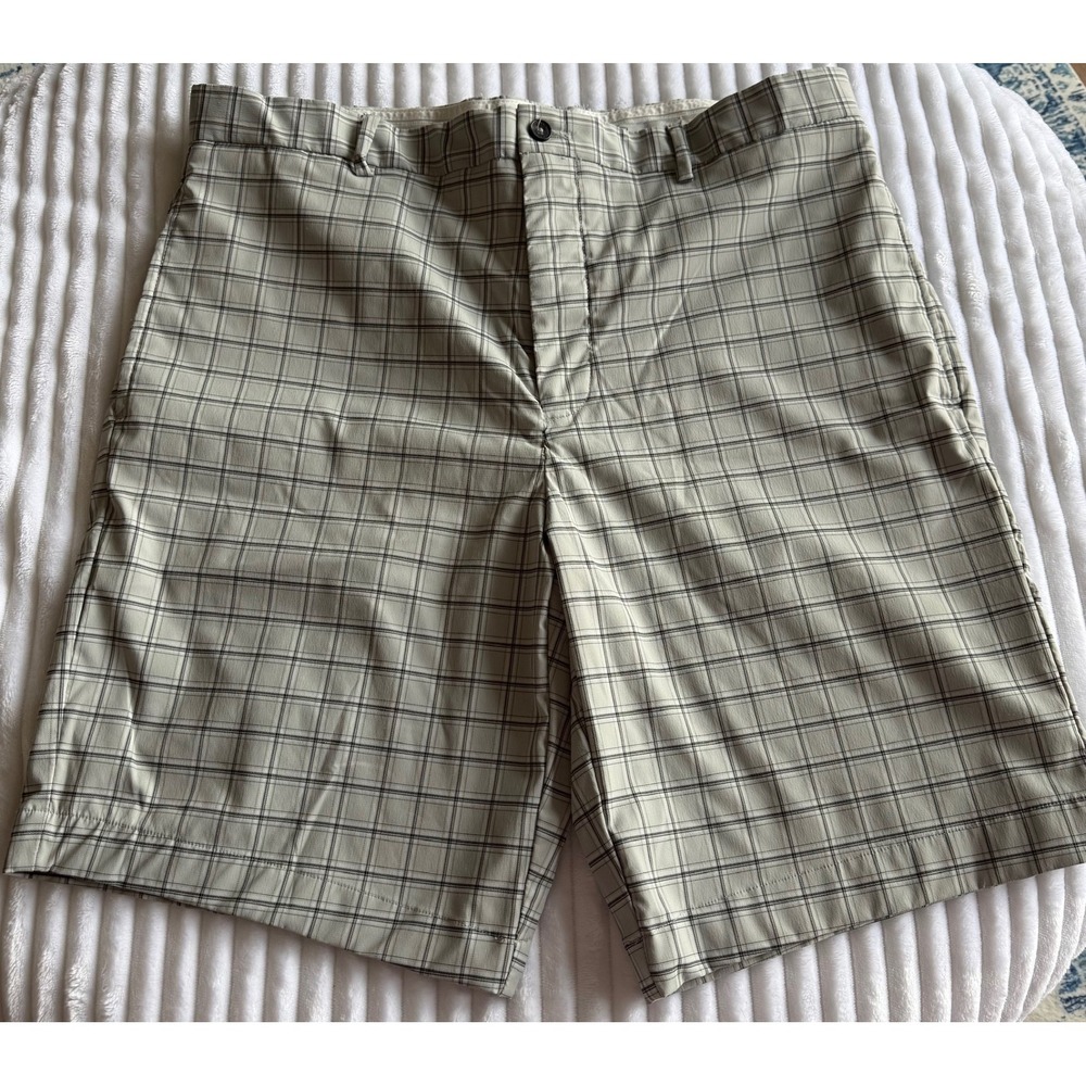 Greg Norman Mens Plaid Golf Shorts Grey Black Performance Shark Logo Size 36